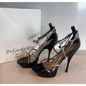 Yves Saint Laurent Rive Gauche Patent Leather Heels Sandals Navy Blue 38.5 YSL